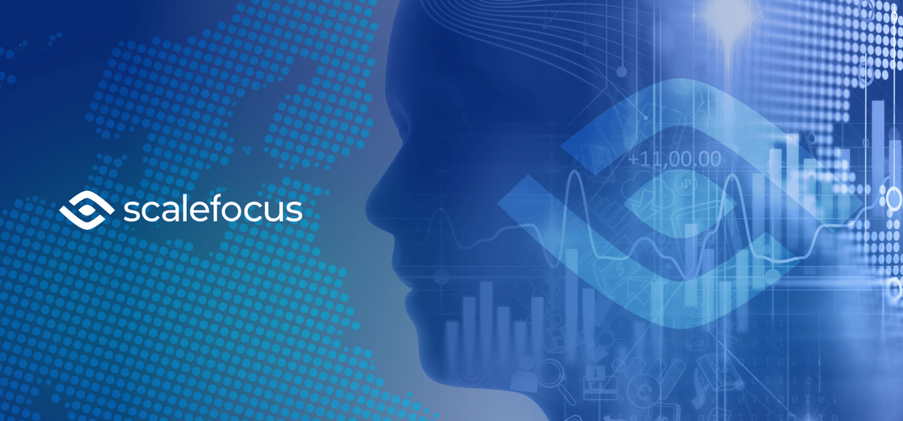 Лого на Scalefocus върху технологична илюстрация