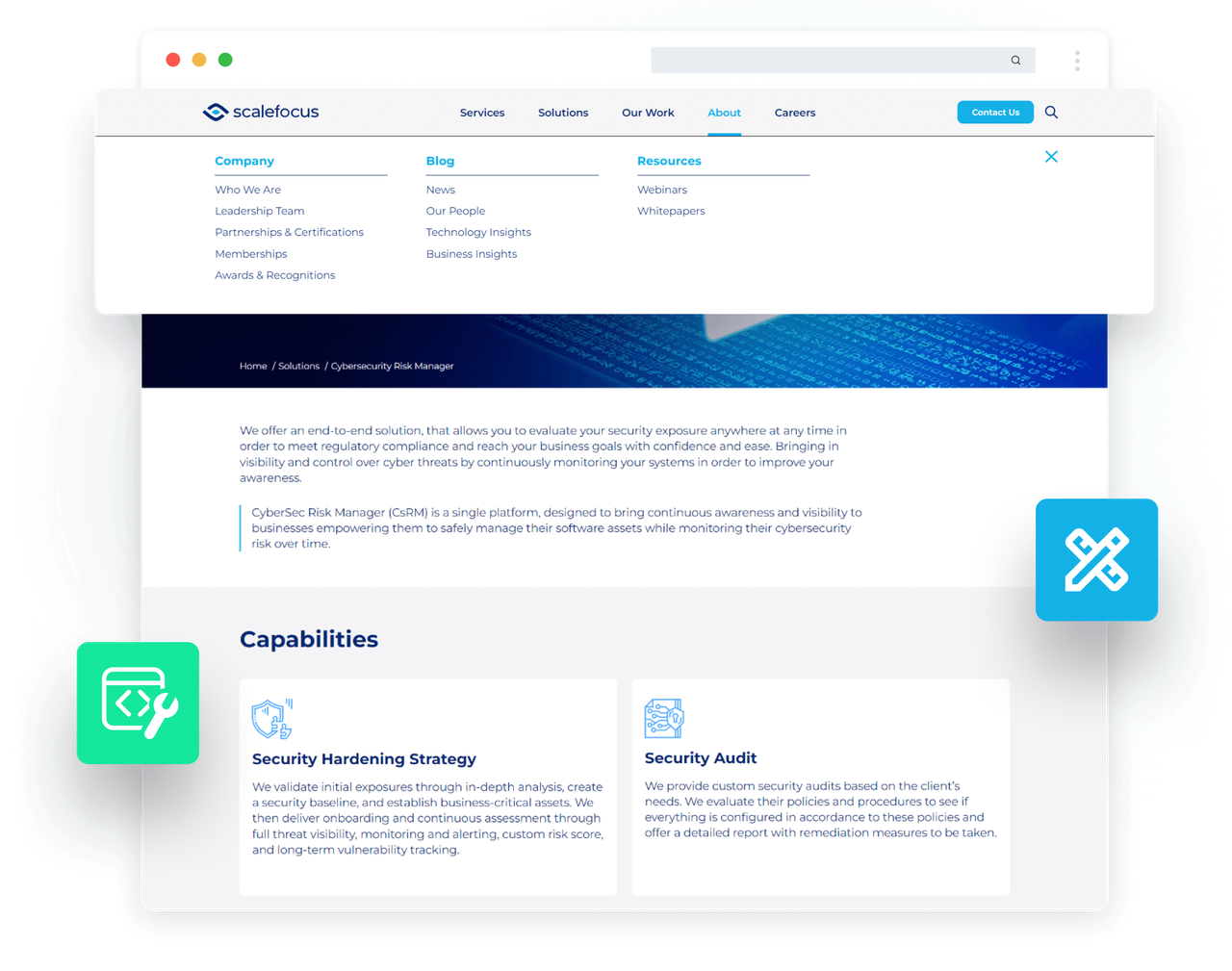 Разгънато меню и описание на технологични услуги на Scalefocus