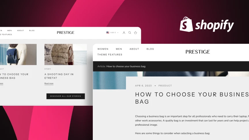 Страници на моден магазин с темата Prestige за Shopify