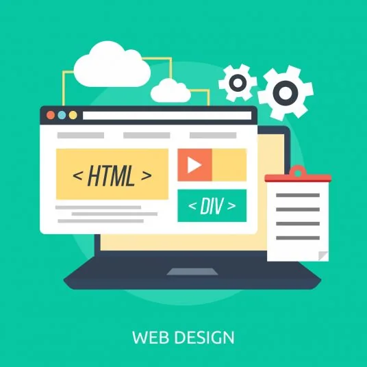 Илюстрация на уеб разработка с HTML, CSS и лаптоп