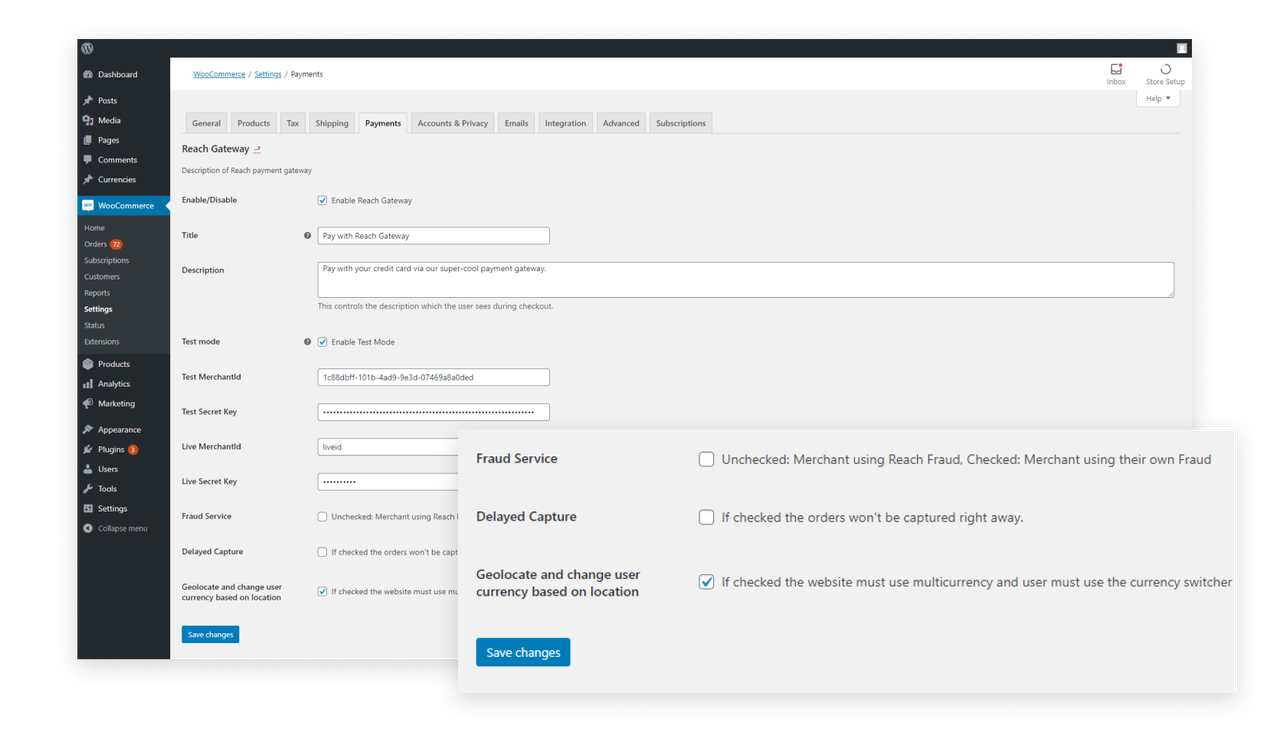 Настройки на Reach в администрацията на WooCommerce