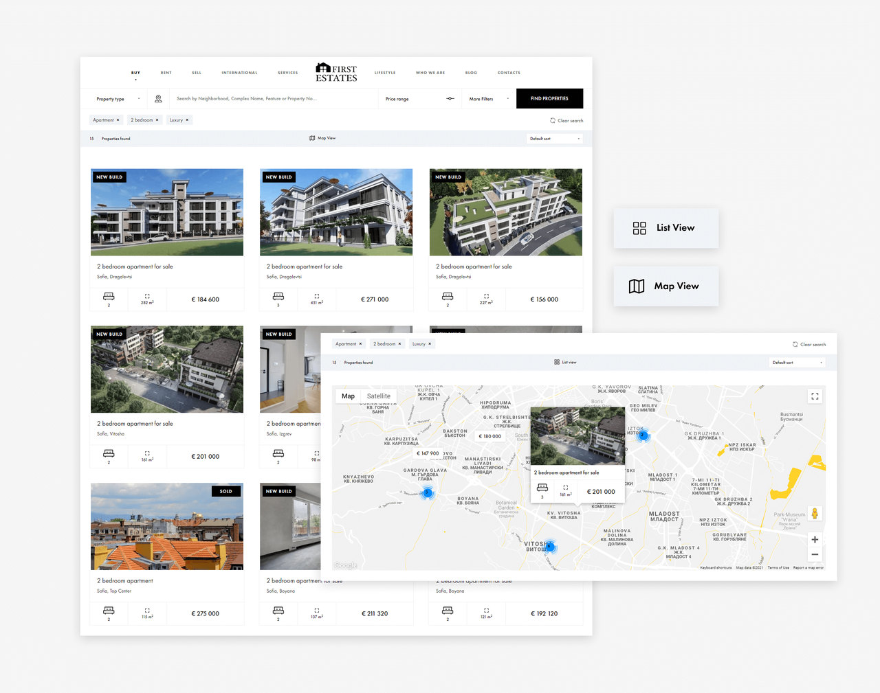 Списък с имоти, филтри и изглед върху карта в First Estates