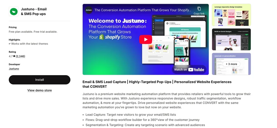 Страница на Justuno в Shopify App Store — имейл и SMS изскачащи прозорци.