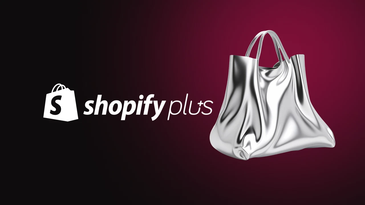 Лого на Shopify Plus и сребриста пазарска чанта