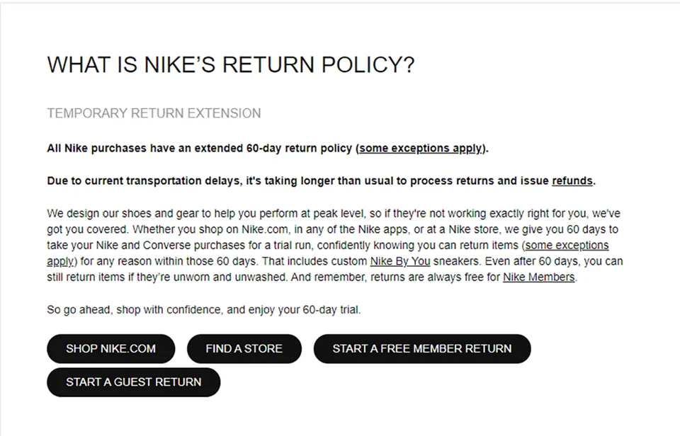 Примерна страница на Nike с условия за връщане и бутони за започване на връщане