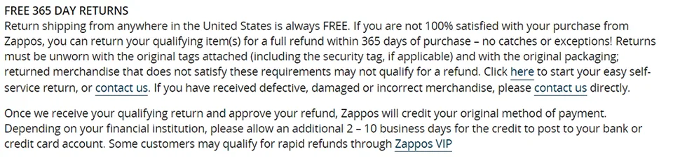 Откъс от политика на Zappos за безплатно връщане на покупки