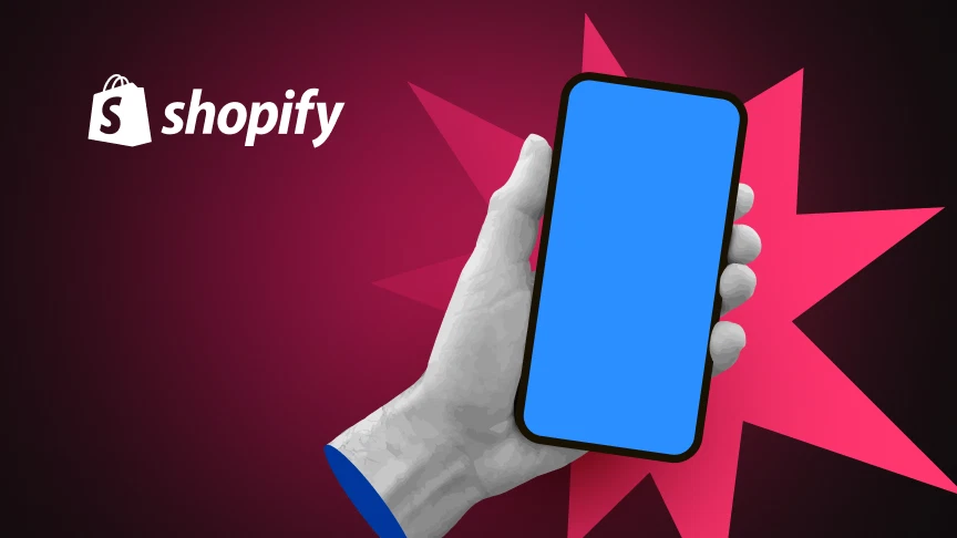 Телефон в ръка и логото на Shopify