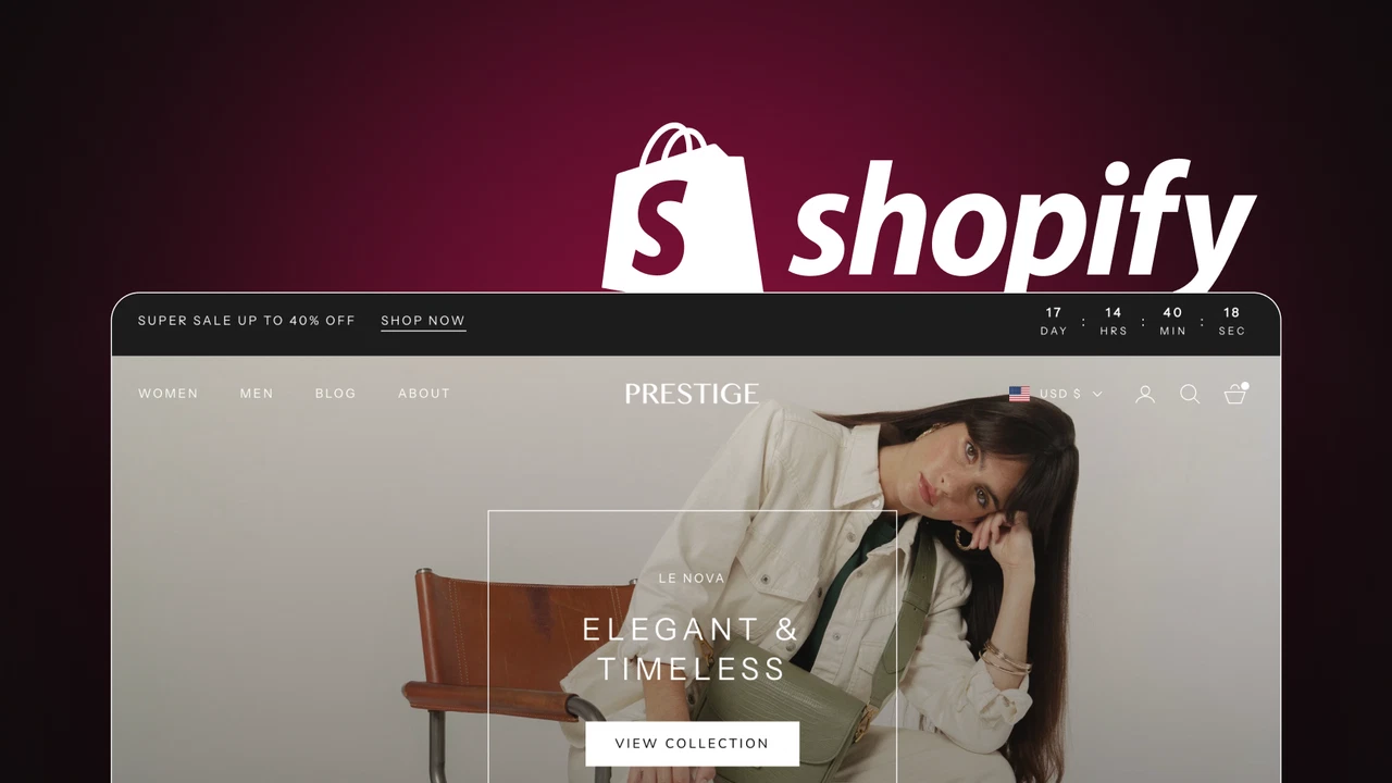 Моден онлайн магазин с темата Prestige и логото на Shopify