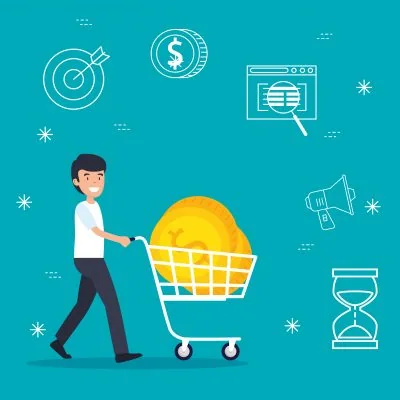 Пазарска количка с монета и символи за продажби