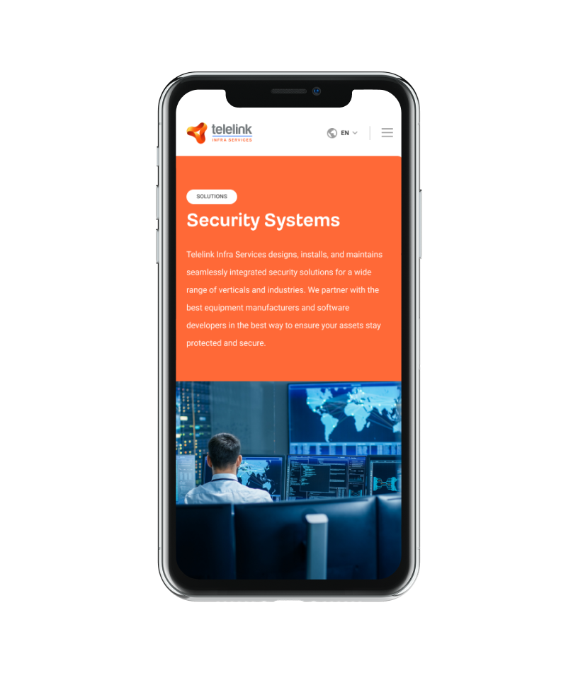 Мобилна страница за системи за сигурност на Telelink Infra Services