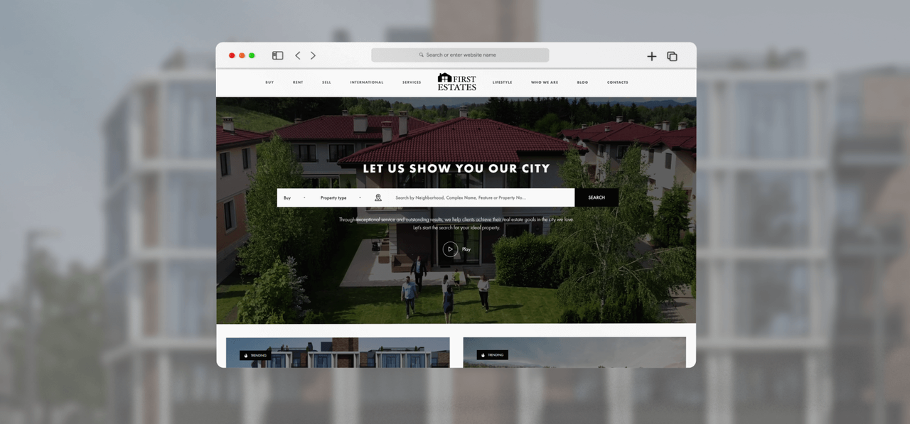 Уебсайтът на First Estates с търсене на имоти