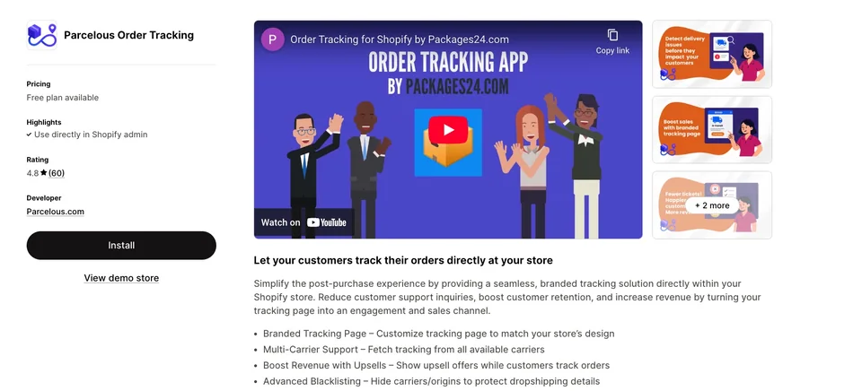 Страница на Parcelous в Shopify App Store — проследяване на поръчки.
