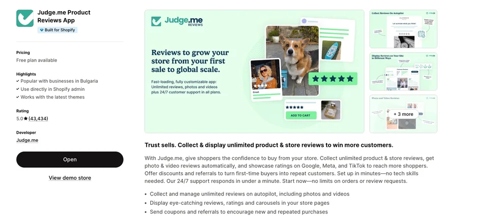 Страница на Judge.me в Shopify App Store — клиентски отзиви със снимки.