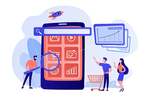 Илюстрация на SEO за онлайн магазин с търсене и анализи