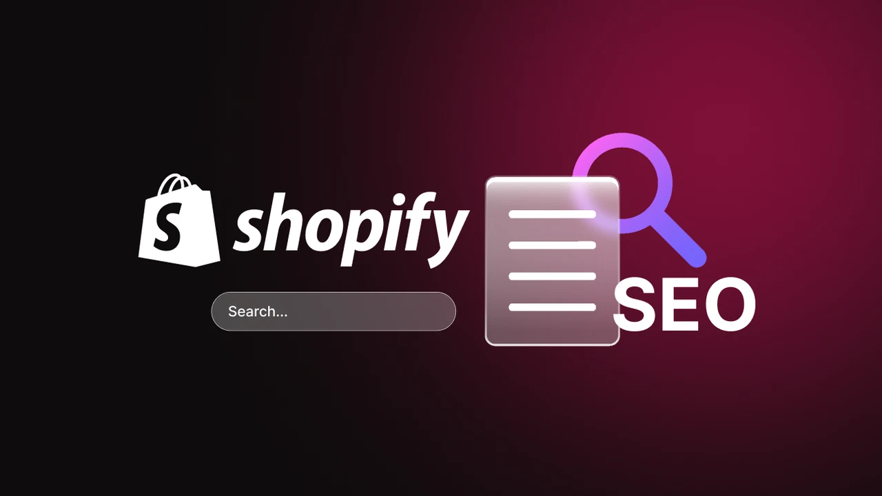 Илюстрация за Shopify SEO с лупа и резултати от търсене