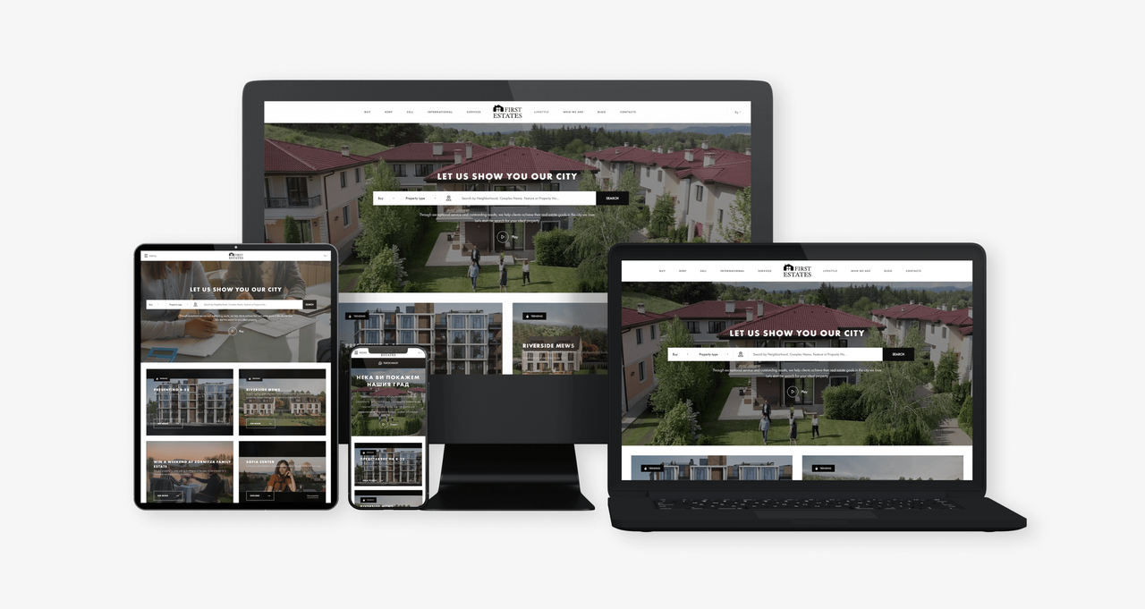 Уебсайтът на First Estates на настолен компютър, лаптоп, таблет и телефон