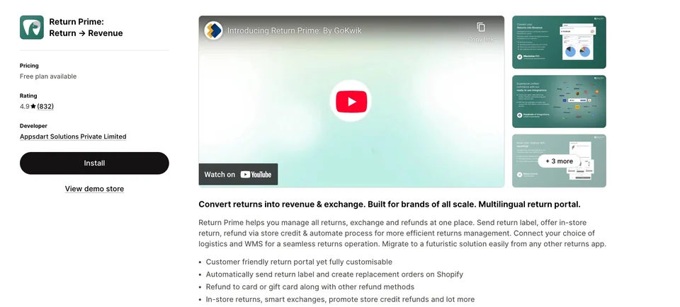 Страница на Return Prime в Shopify App Store — управление на връщания и замени.