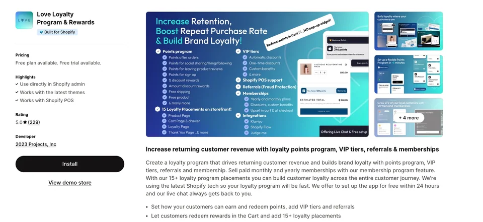 Страница на Love Loyalty в Shopify App Store — точки, награди и VIP нива.