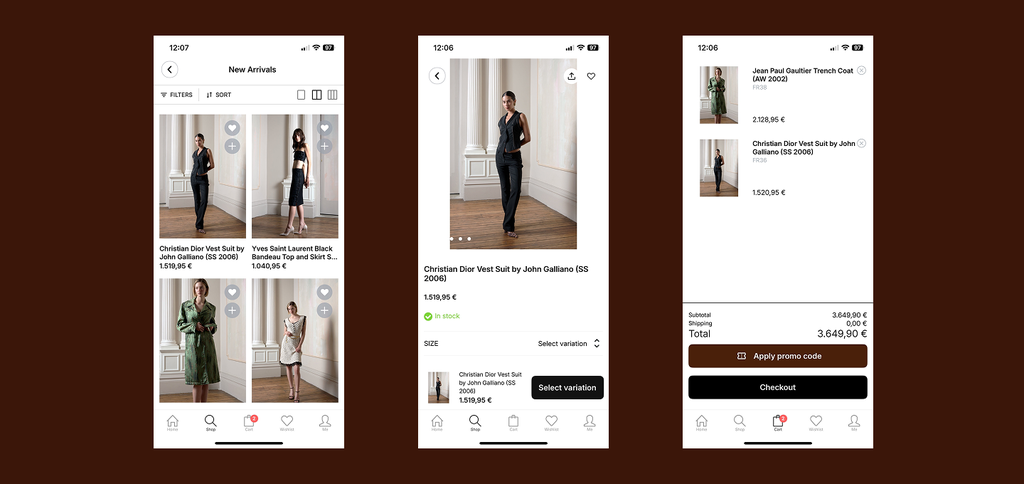 Мобилни изгледи на каталог, продуктова страница и количка в Époque Couture