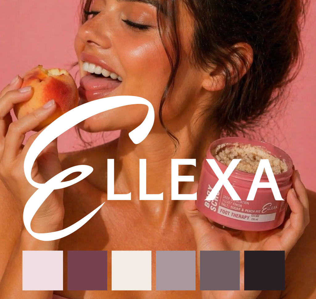 Логотип и цветова палитра на ELLEXA върху продуктова фотография