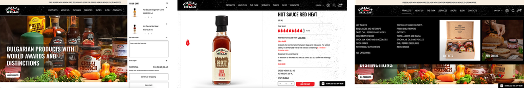 Настолни изгледи на Chilli Hills с навигация, продуктова информация и представяне на марката