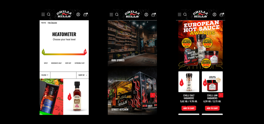 Мобилни изгледи на Chilli Hills с избор по лютивина, представяне на марката и продукти