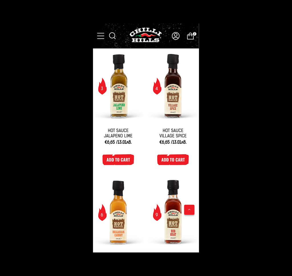 Мобилен каталог на Chilli Hills с люти сосове и обозначена лютивина