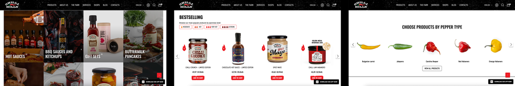 Поредица от настолни изгледи на Chilli Hills с категории, продукти и лютивина