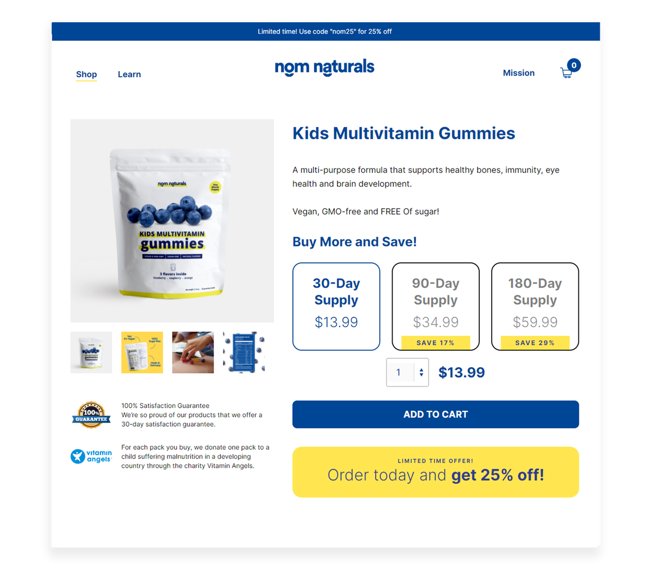 Продуктова страница на Nom Naturals с избор на количество