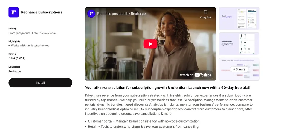 Страница на Recharge в Shopify App Store — управление на абонаменти.